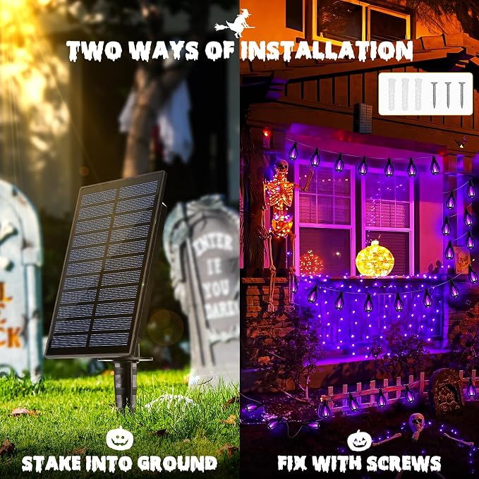 iBaycon Solar Halloween Lights, 27Ft 10 LED Bulbs Flickering Flame String Light - Image 6