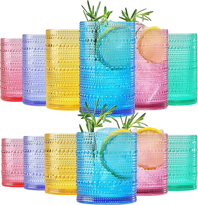 Khen Plastic Hobnail Drinking Glasses Set of 12 Bright Tones Cups 6x 10oz by Khen