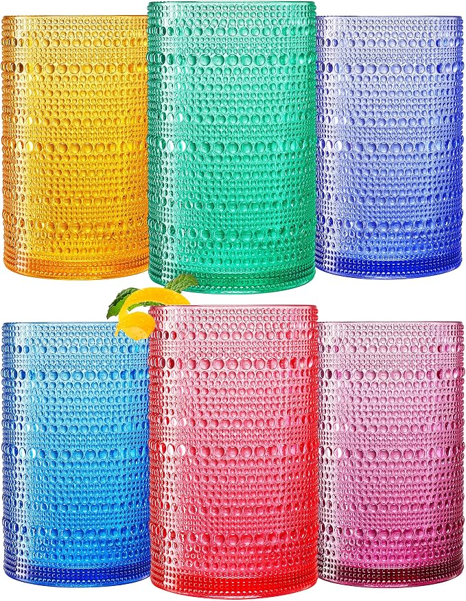 Khen Plastic Hobnail Drinking Highball Glasses Set of 6 Bright Tones Cups 14oz by Khen