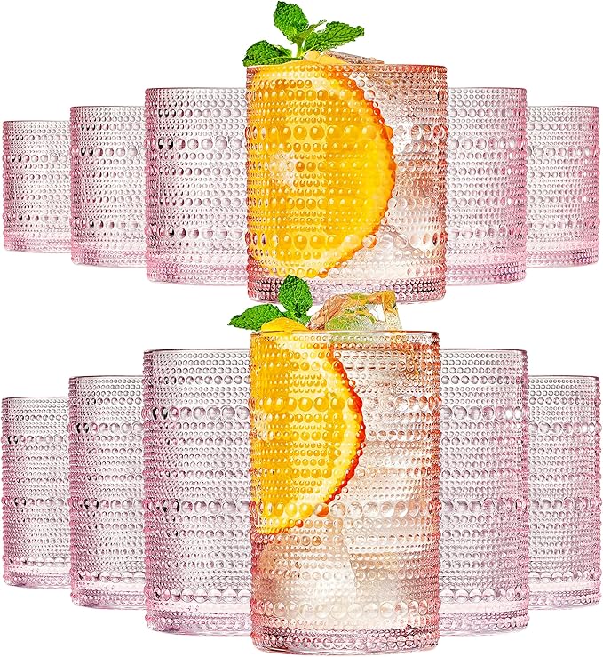 Khen Hobnail Beaded Highball Drinking Tumbler Glasses | Set of 12 | Pink Blush by Khen
